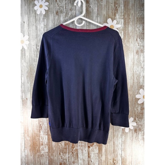 Lands' End Women's Sweater Sz Medium Navy Cranberry Colorblock Crew Neck Knit - Picture 2 of 7